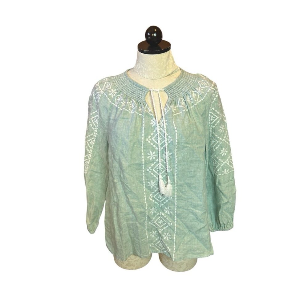 Joie Womens Blouse Boho Sz S 100% Linen Embroidered Pullover Green Tassels